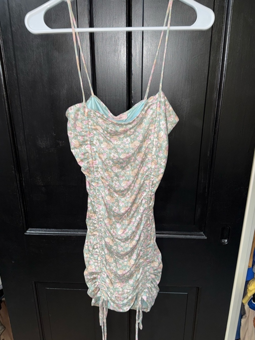 Floral Ruched Mini Dress with Spaghetti Straps - Light Green Floral
